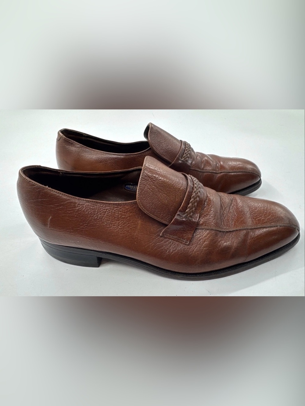 Vintage Florsheim Shoes Mens 10.5 D Brown Leather Loafer Slip On Cognac Dress